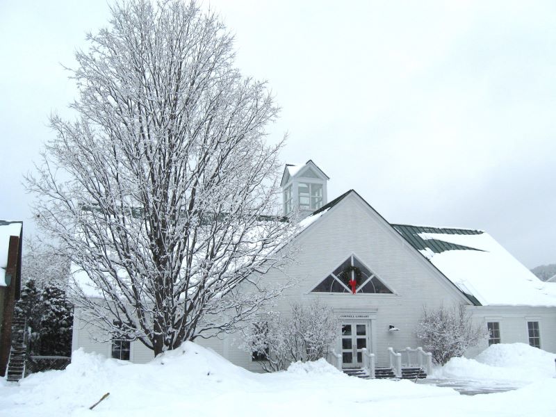 a view of the front entrance of the library from the quad, in winter, with snow