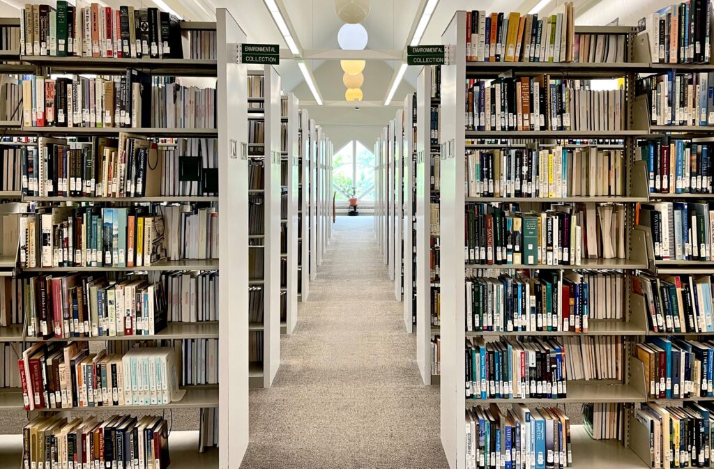 a few of the environmental collection from the hallway showing many rows of books