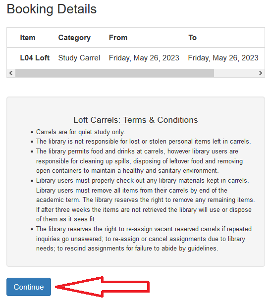 Shows the terms and conditions for making a reservation. if you need assistance please contact the library